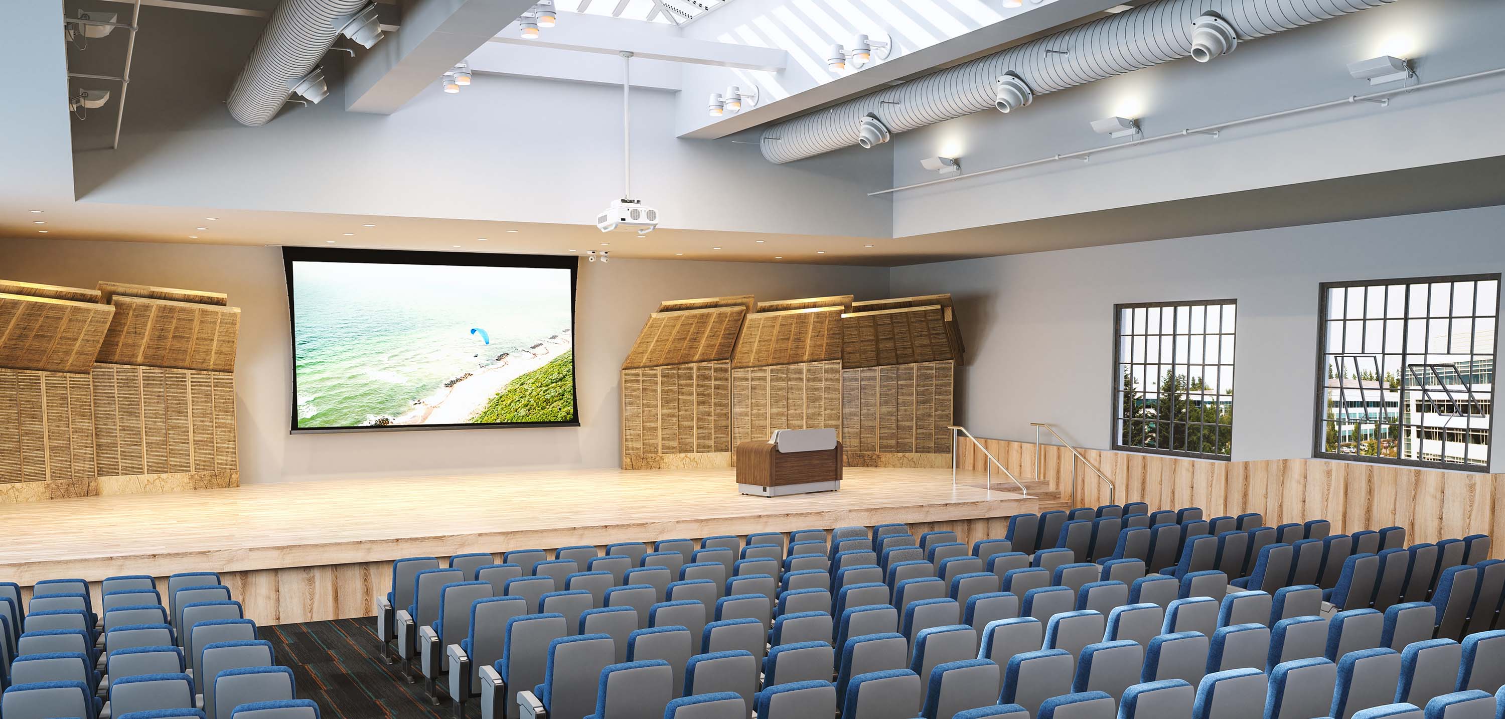 open auditorium with wooden accents